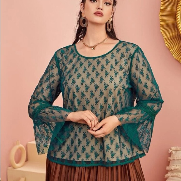 Shein green overlay flounce sleeve top 1XL 4XL - Picture 4 of 7